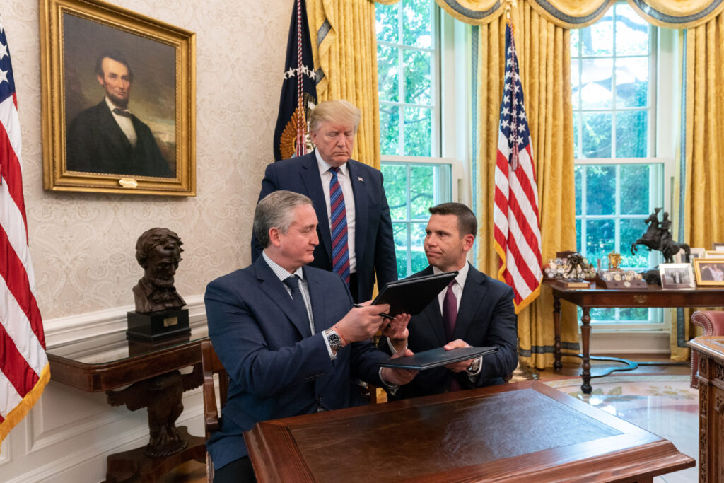 U.S. President Trump observes as Kevin McAleenan and Enrique Antonio Degenhart Asturias, Guatemala’s Minister of Interior and Home Affairs sign 'Third-country asylum rule'